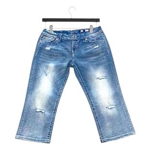 Miss Me Easy Crop Mid Rise Distressed Jeans 31x21.5 Bling Pockets EUC